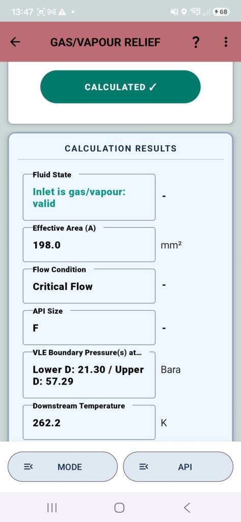 API 520 Calculator Inputs Screenshot - The calculated results, including phase boundary pressures, generated using rigorous thermodynamic models (Peng Robinson / UNIFAC)/