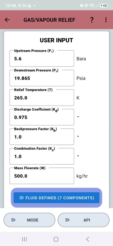 API 520 Calculator Inputs Screenshot - Specifies pressure, temperature, flow rate and coefficients.